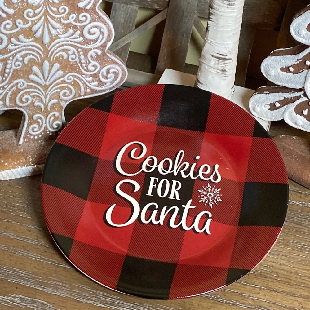 NEW! Rustic Farmhouse Red & Black Buffalo Check Plaid Ceramic Santa Cookie Plate